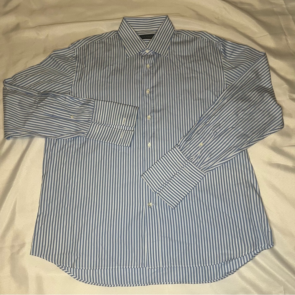 Canali Men’s Dress Shirt Blue White Striped Button-Up, Cotton 17.5 44